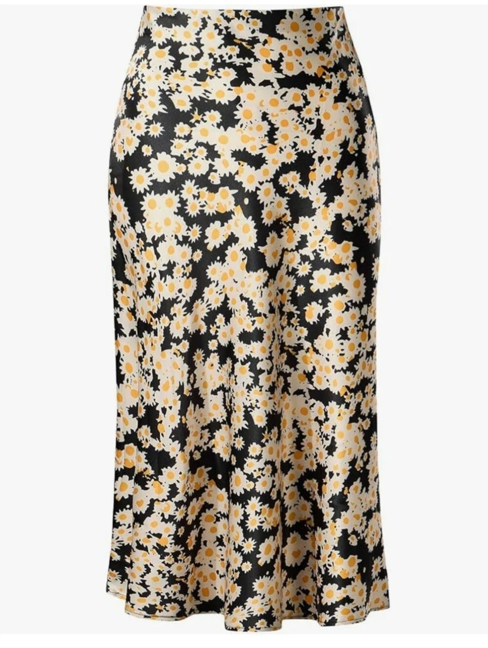 Floral Daisy Print Satin Midi Skirt - Size XL - Black & Yellow - Picture 1 of 9